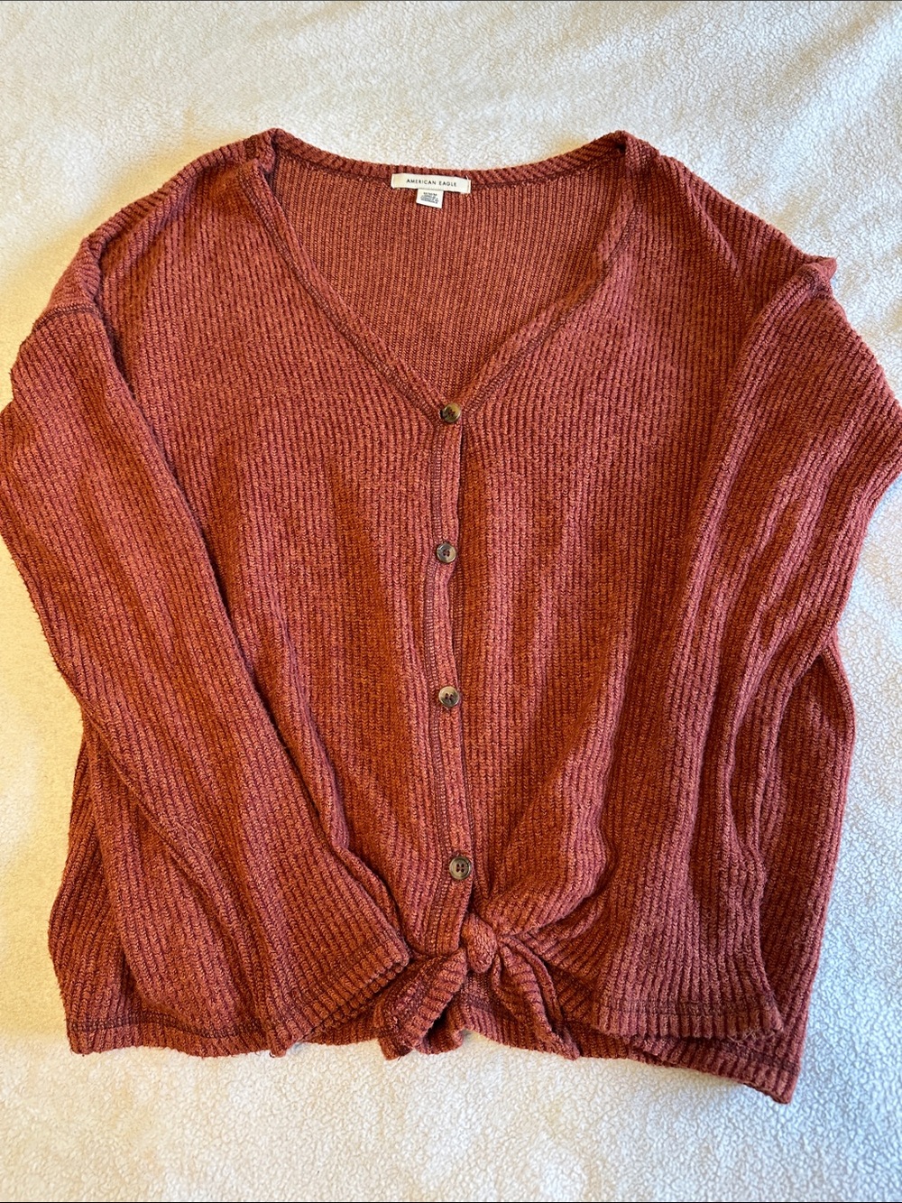 American Eagle Outfitters Brick Red Button-Front V-Neck Tie Hem Light Sweater